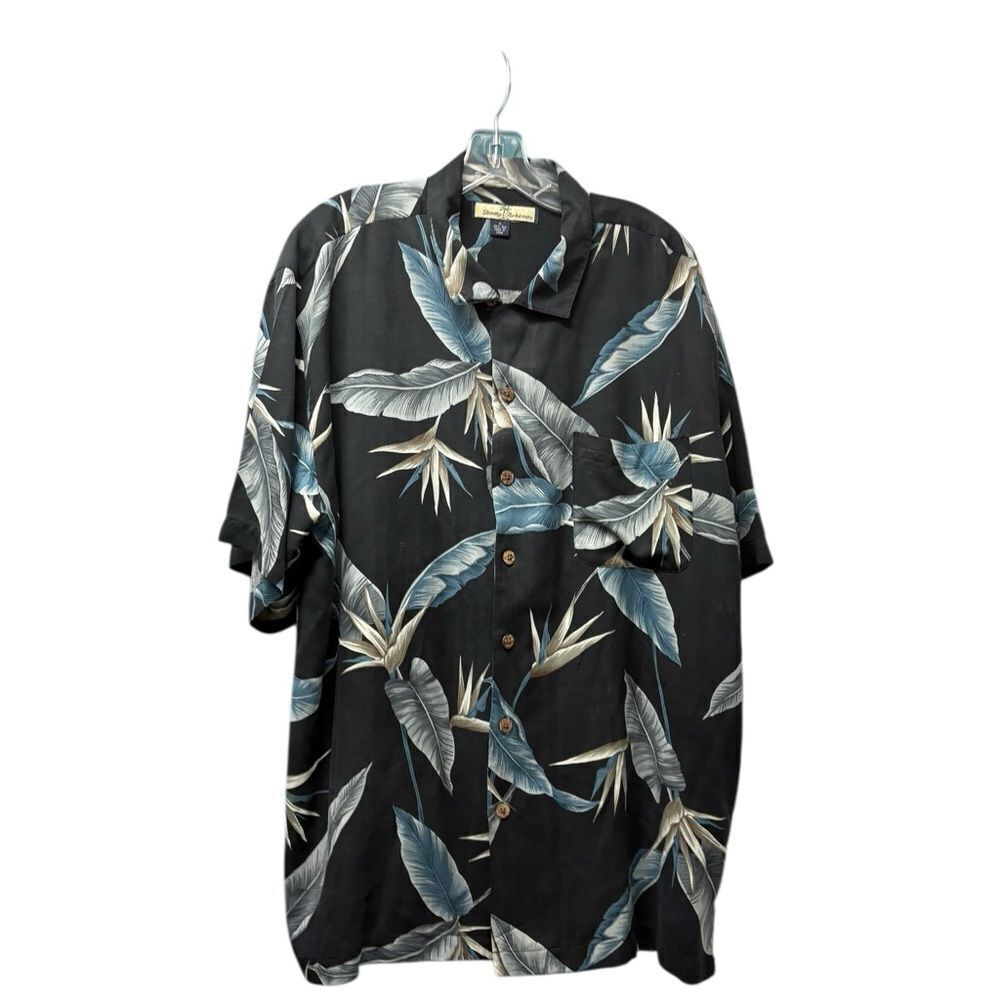 Tommy Bahama Short Sleeve Button Down 100% Silk Shirt in Black & Blue Size XL
